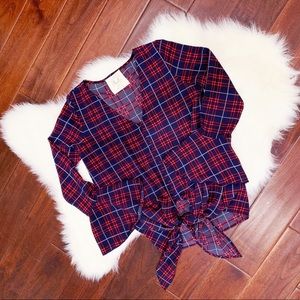 Plaid Tie-Front Top with Ruffle Bell Sleeves, S